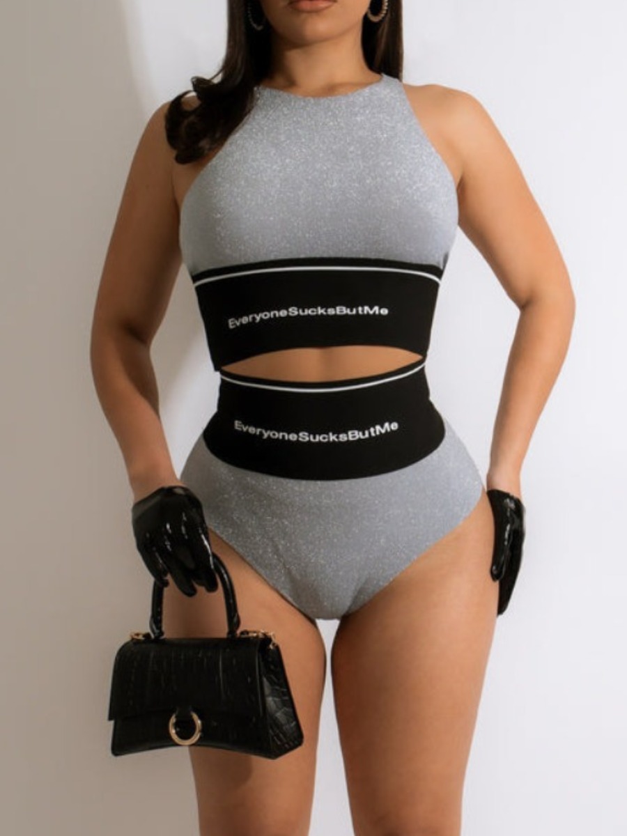 

LW Crop Top Letter Print Shorts Set, Silver