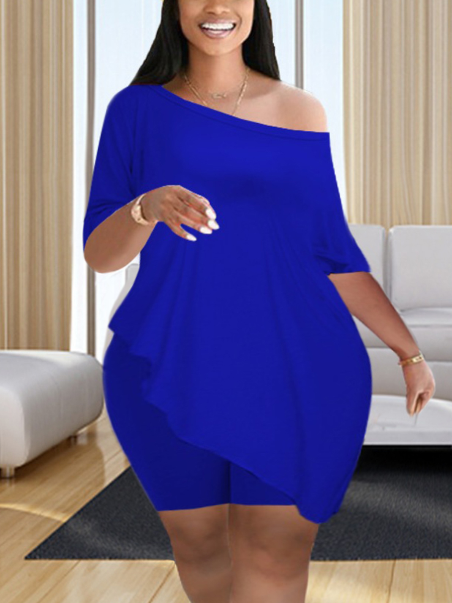 

LW Plus Size Boat Neck Stretchy Shorts Set, Deep blue