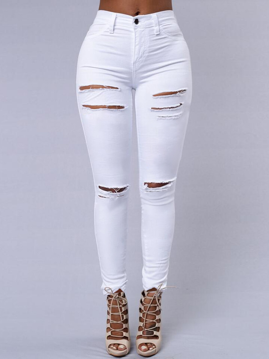 LovelyWholesale High Stretchy Broken Holes White Jeans Spring|Fall Street Ripped Spring Summer 2024