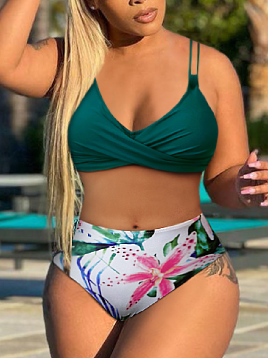 

LW Floral Print Cross Strap Bikini Set, Green