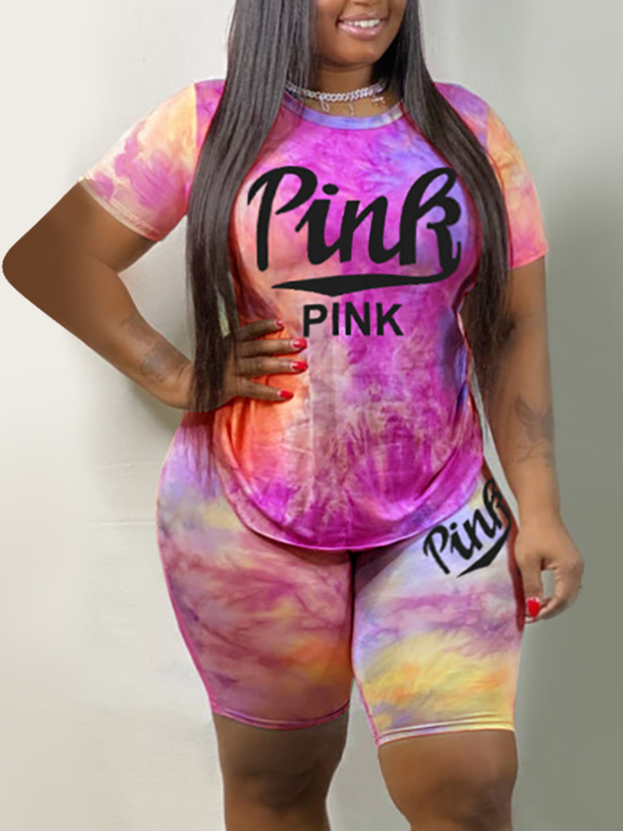 

LW Plus Size Pink Letter Print Tie-dye Shorts Set, Purple