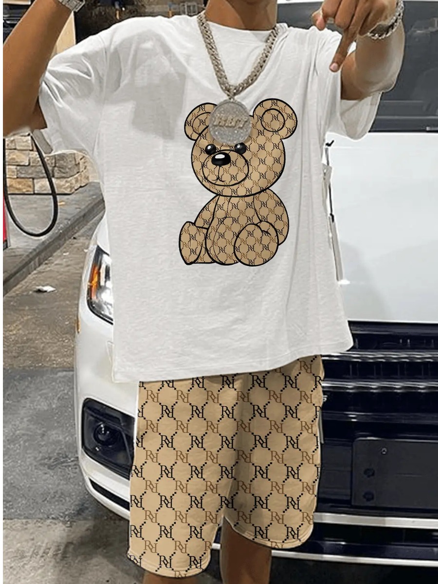 LW Men Geometric Cartoon Print Shorts Set