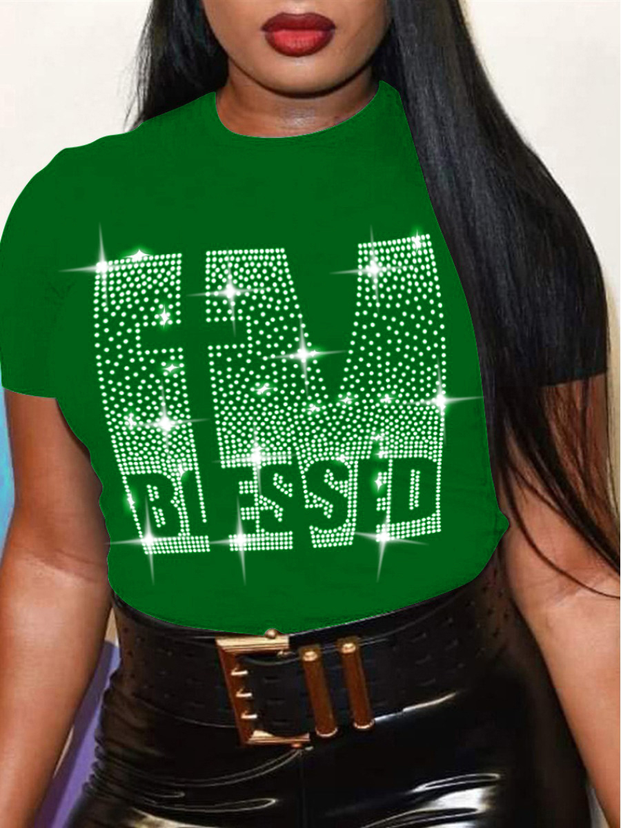 

LW Plus Size Rhinestone Blessed Letter T-shirt, Green