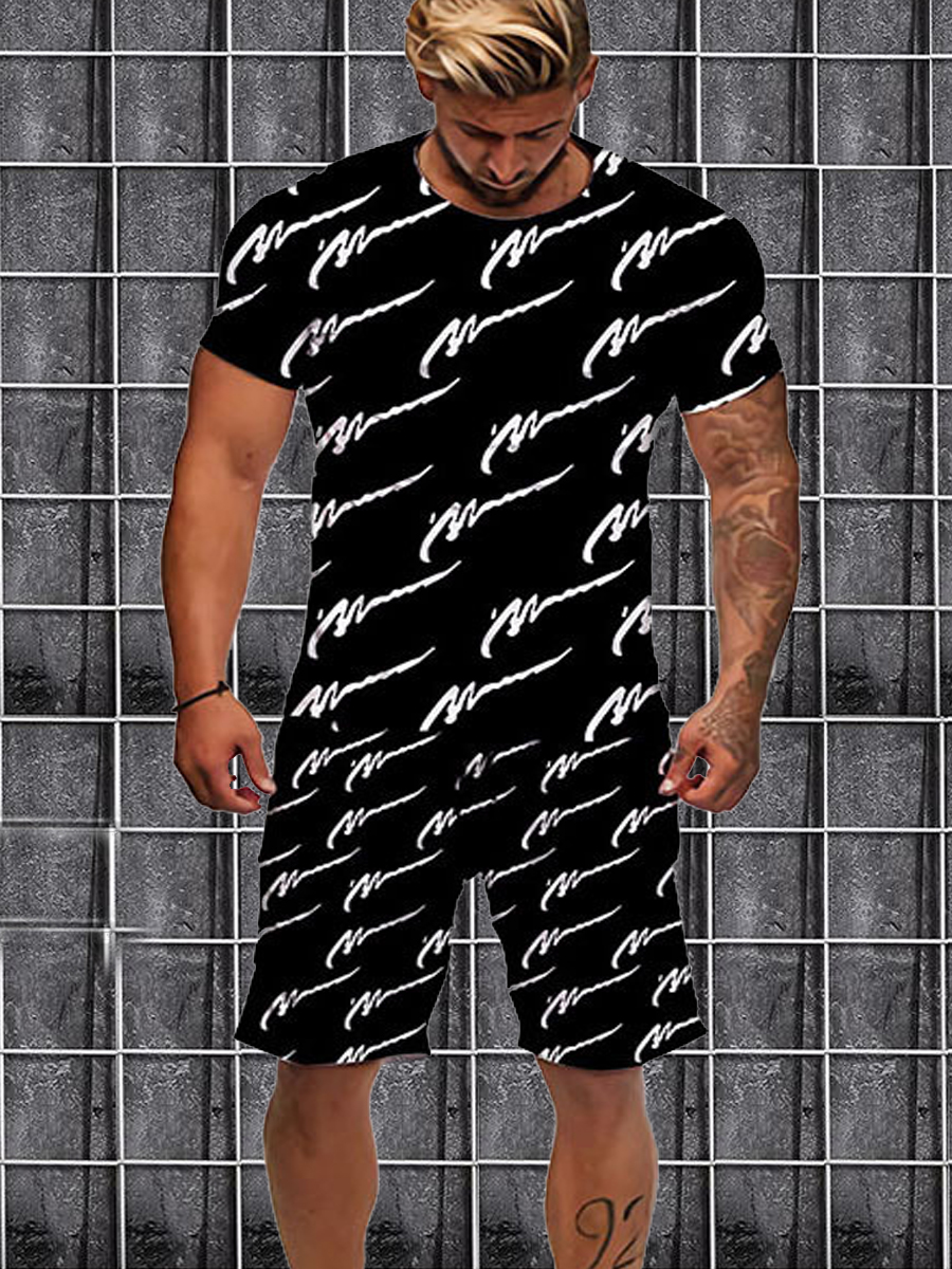 

LW Men Round Neck Letter Print Shorts Set, Black