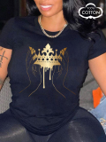 LW COTTON Plus Size Round Neck Crown Print T-shirt