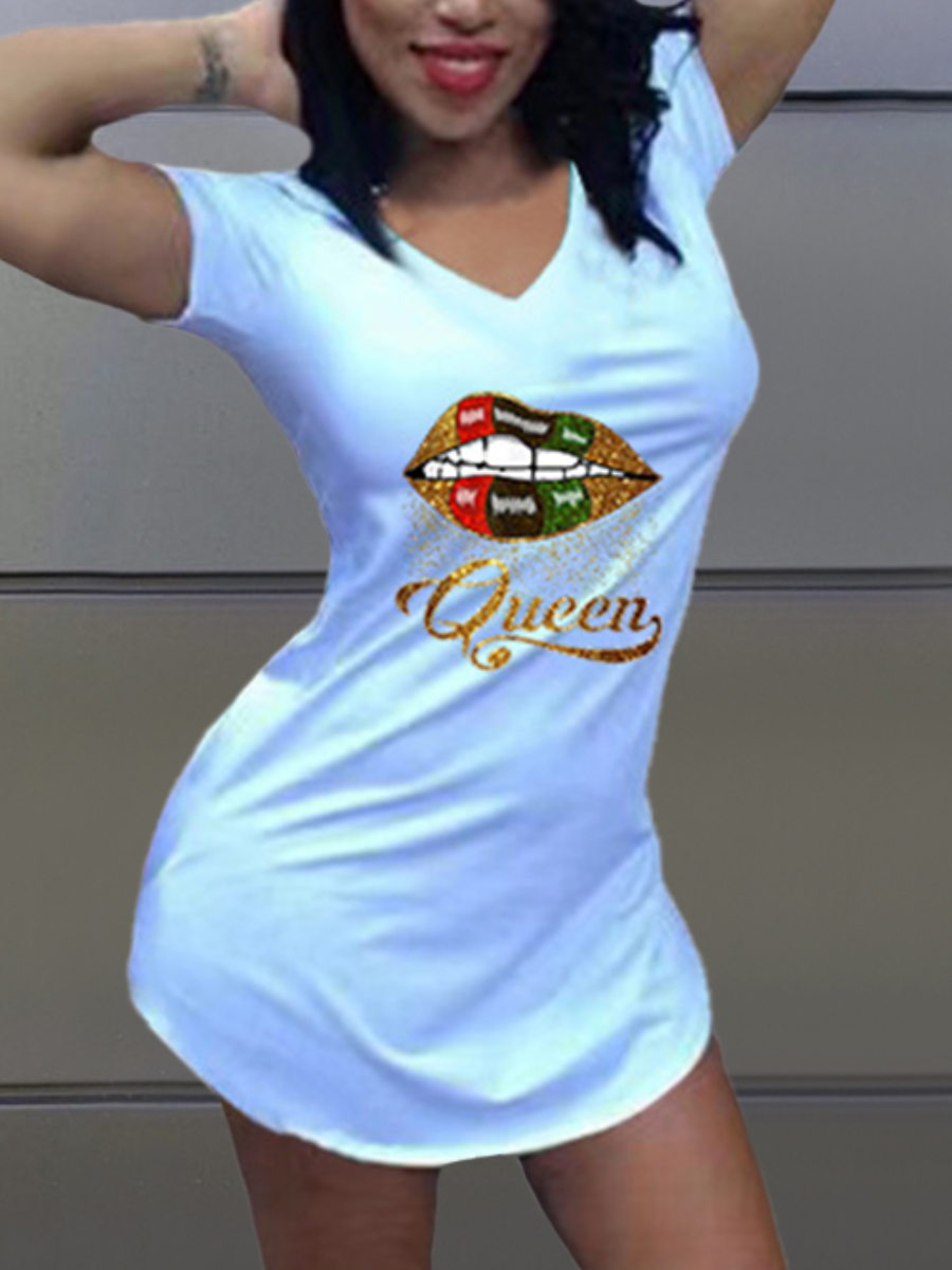 

LW Queen Lip Letter Print Dress, White