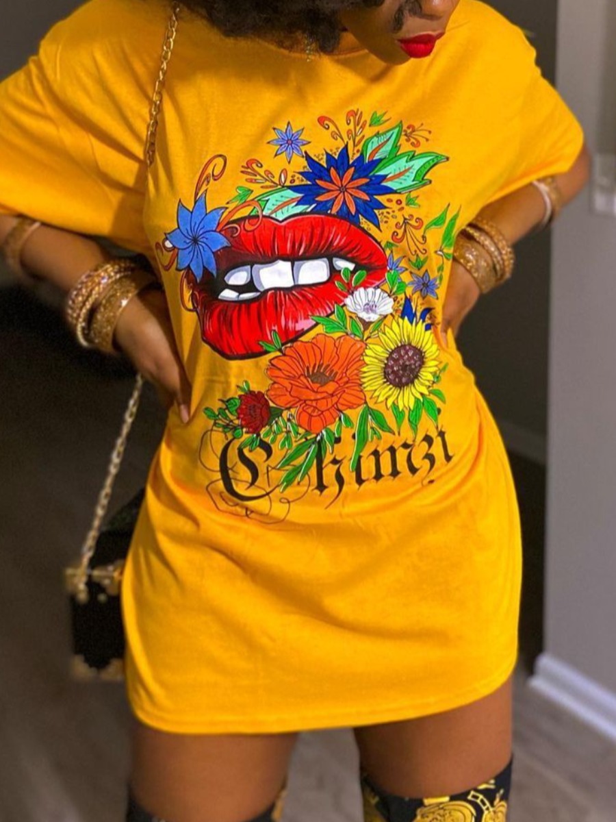 

LW COTTON Floral Letter Lip Print Dress, Yellow