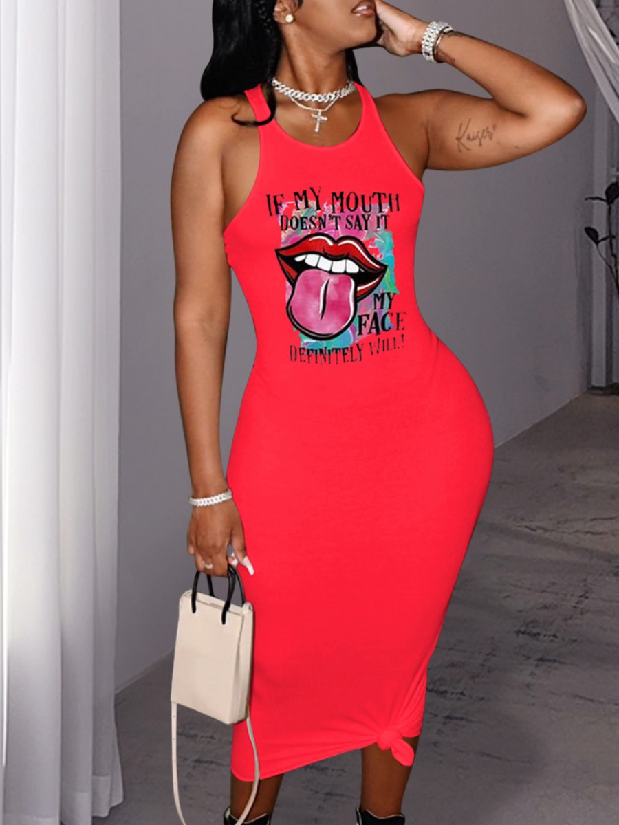 

LW Lip Letter Print Bodycon Cami Dress, Red