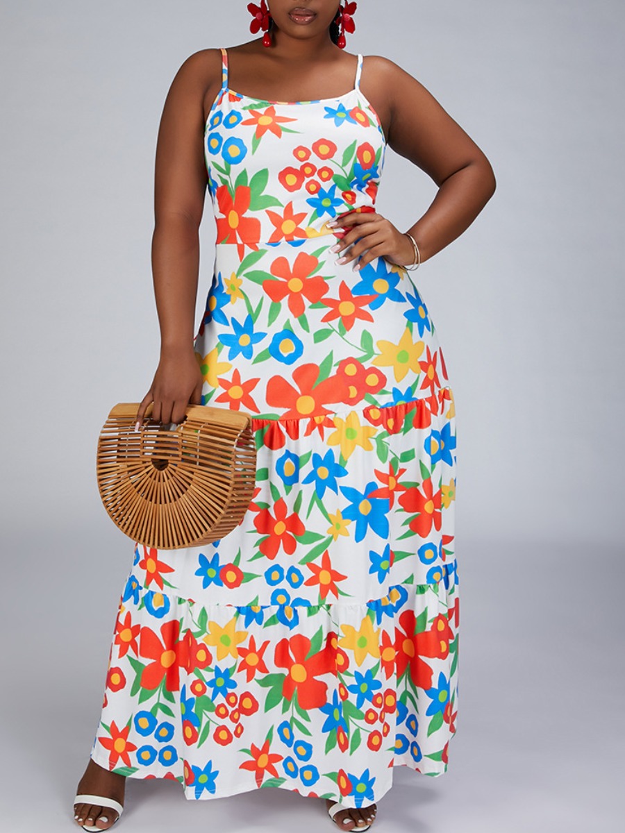 

LW SXY Plus Size Floral Print Cami A Line Dress, Red