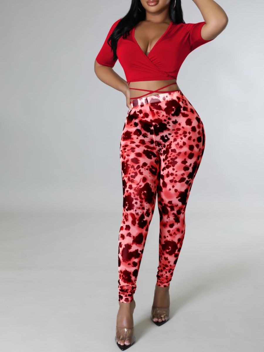 

LW Crop Top Leopard Print Pants Set, Red