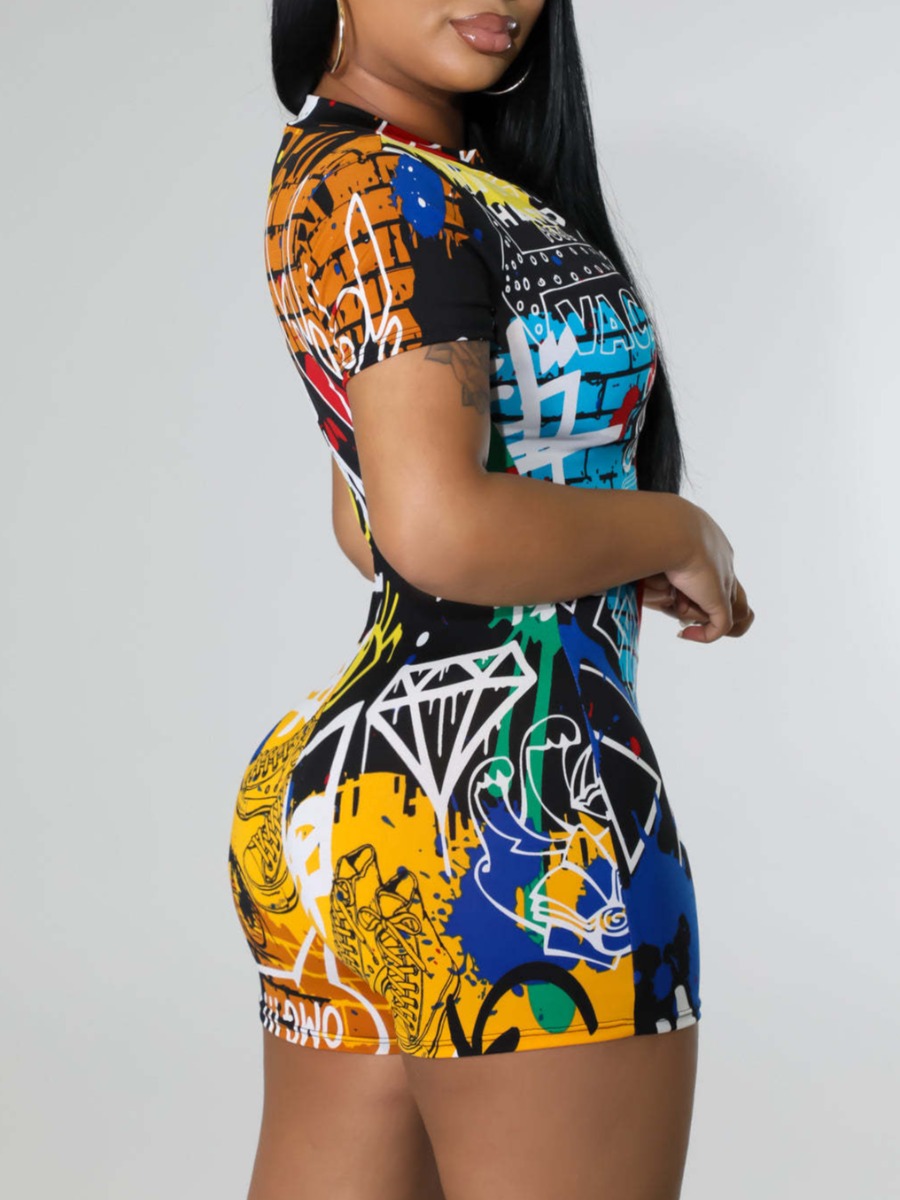 

LW Graffiti Mixed Print Zipper Design Romper, Blue