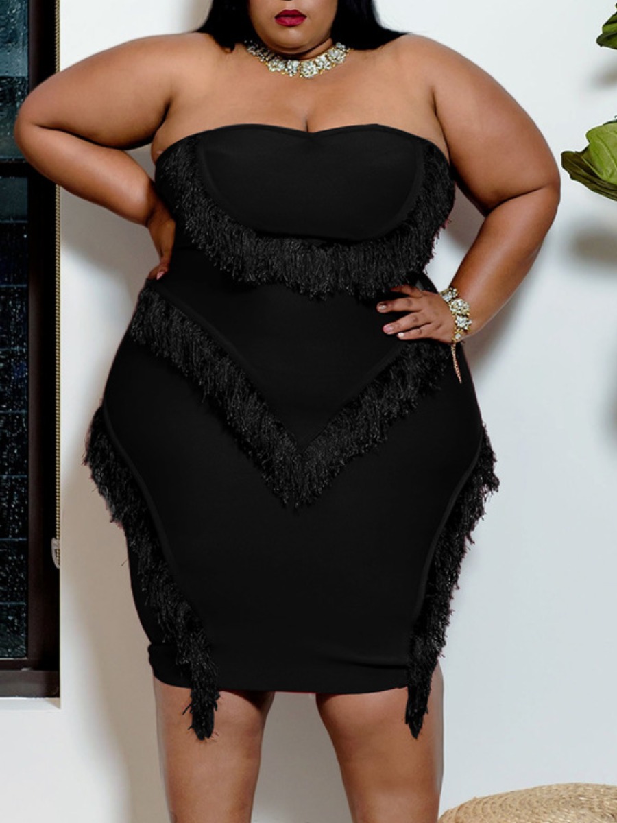 

LW SXY Plus Size Off The Shoulder Tassel Design Dress, Black