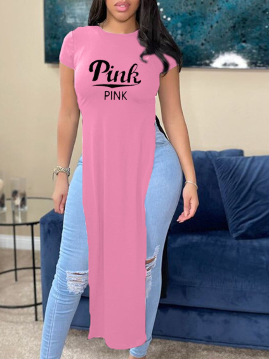 

LW Pink Letter Print High Split T-shirt