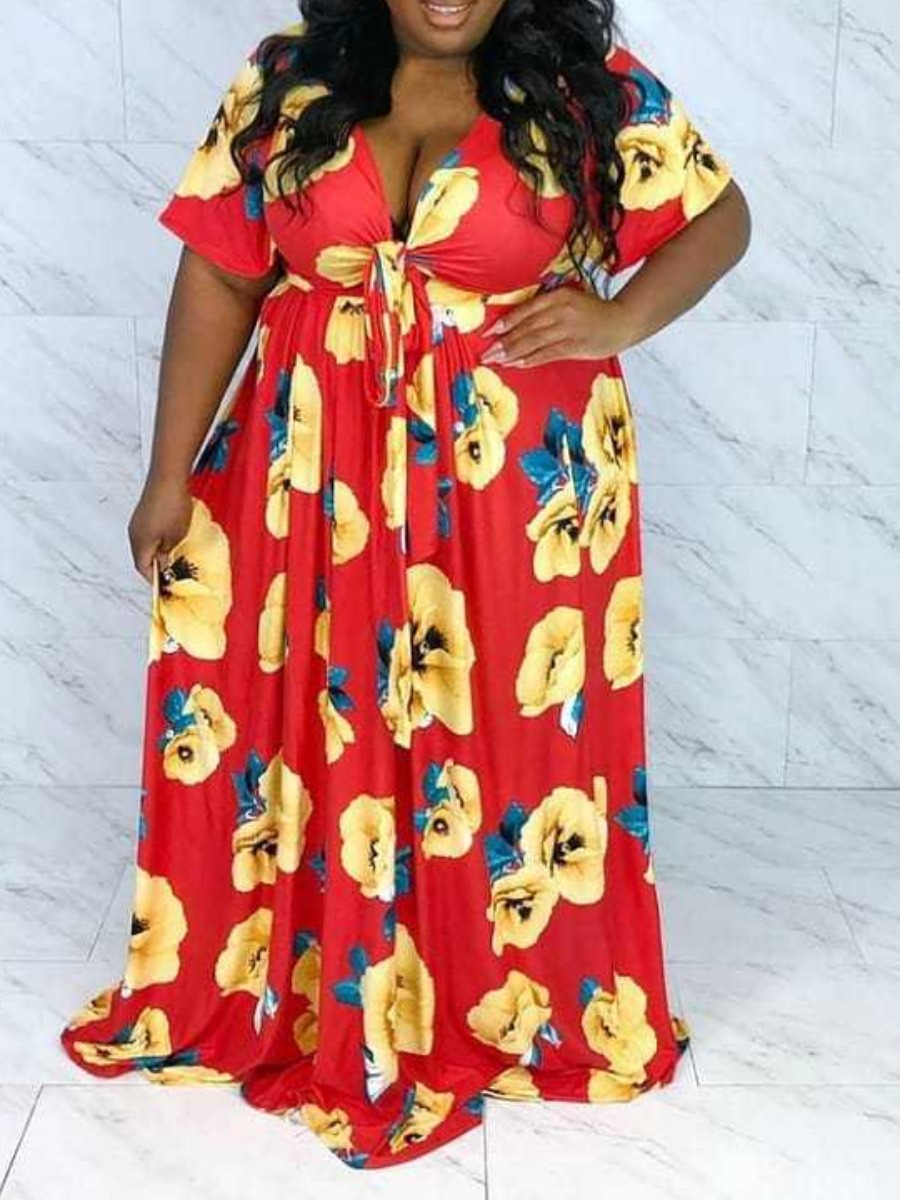 

LW Plus Size Floral Print A Line Loose Dress, Red