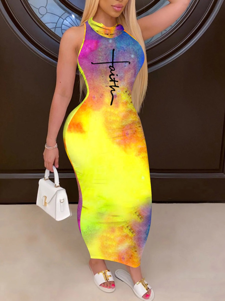 

LW Faith Letter Print Tie-dye Bodycon Dress, Multi