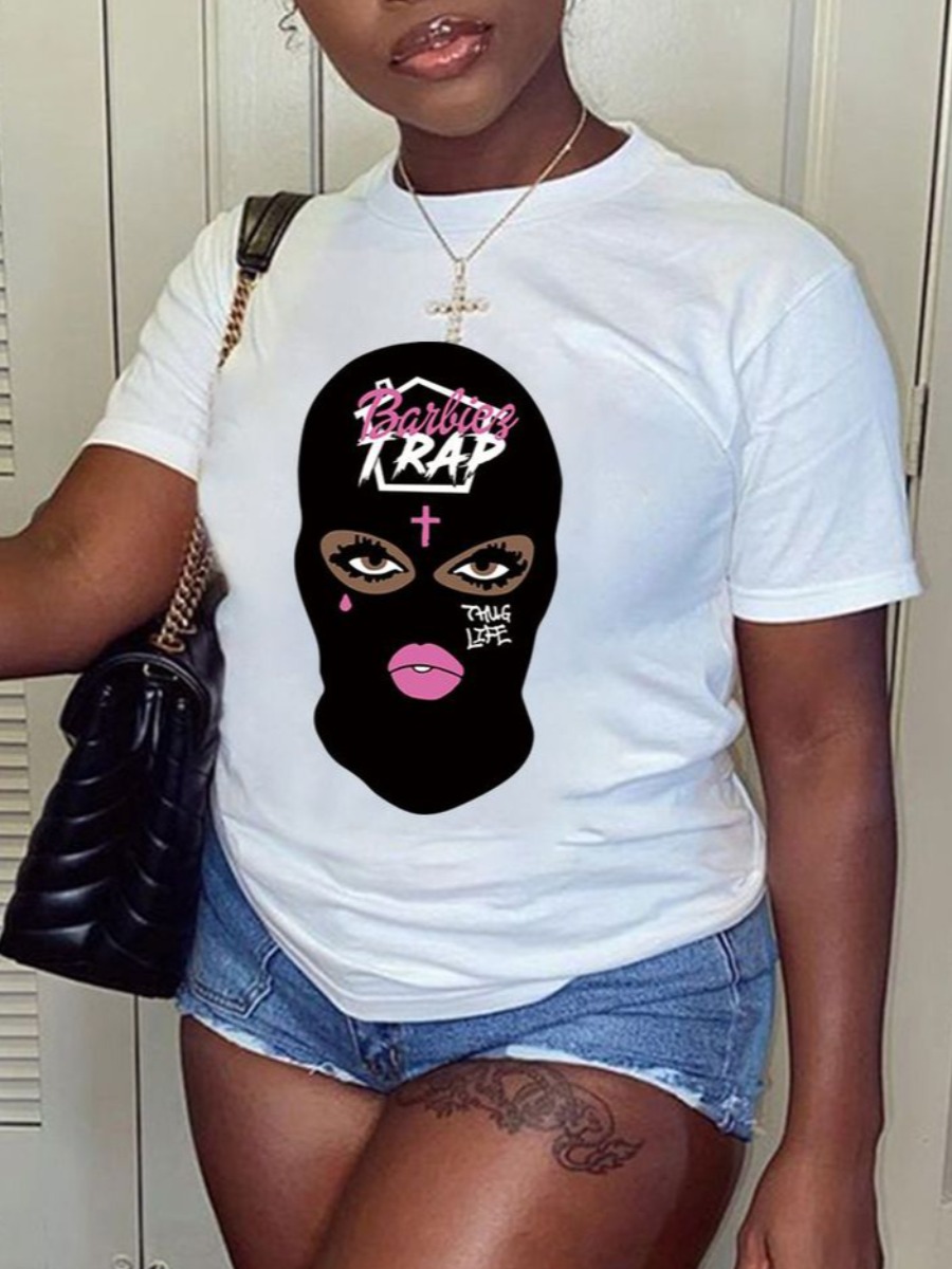 LovelyWholesale BASICS Masked Face Letter Print T-shirt Summer Short Sleeve Casual Basic Round Neck Spring Summer 2024