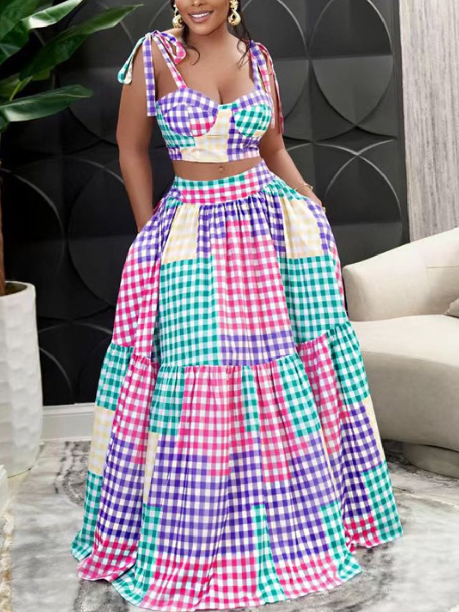 

LW Plus Size Plaid Print Ruffle Design A Line Skirt Set, Multicolor lattices