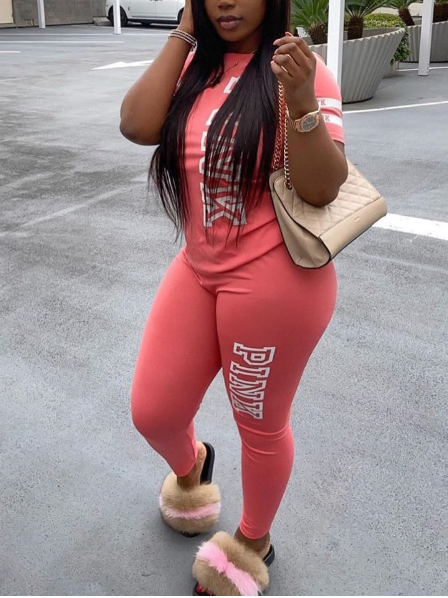 LovelyWholesale Pink Letter Print Striped Pants Set Spring Short Sleeve Casual Pink Round Neck Spring Summer 2024