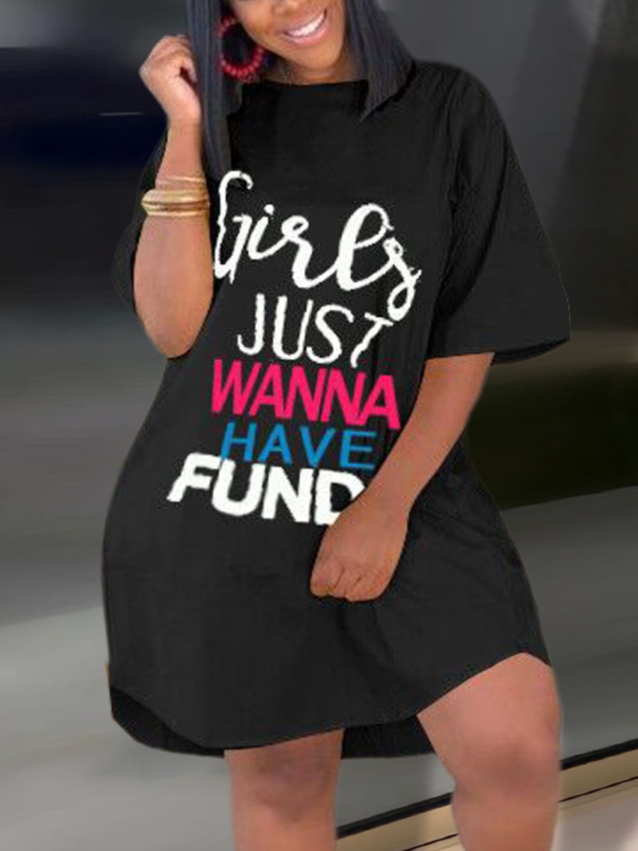 

LW Plus Size Girls Just Wanna Have Fun Letter Print Dress, Black