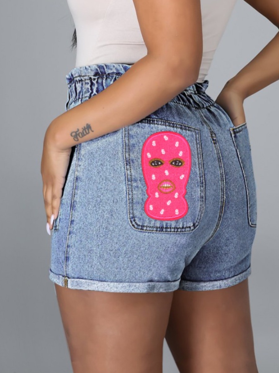 

LW Plus Size Mid-Waist Sequin Low Stretchy Denim Shorts, Baby blue