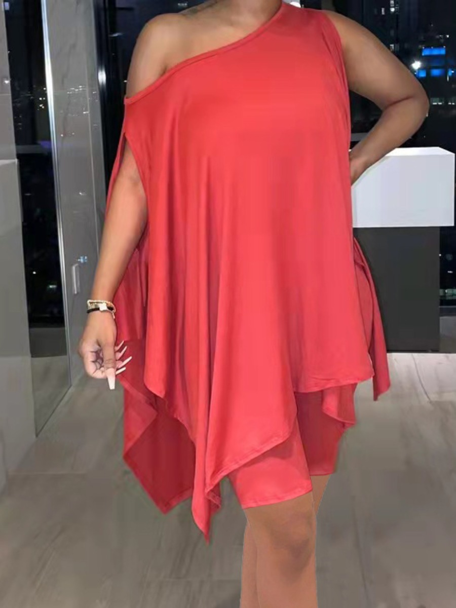 

LW Plus Size One Shoulder Loose Stretchy Shorts Set, Red
