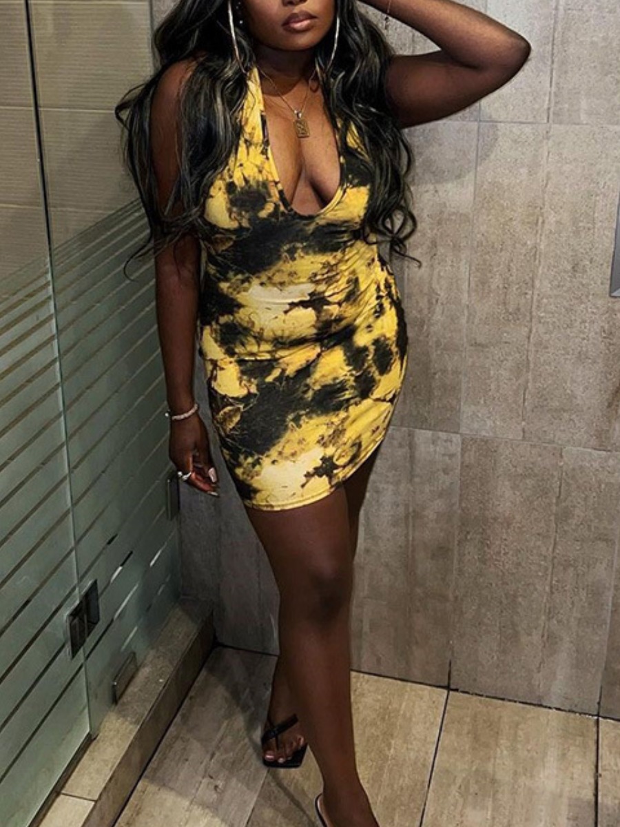 

LW SXY Tie-dye Backless Bodycon Dress, Yellow