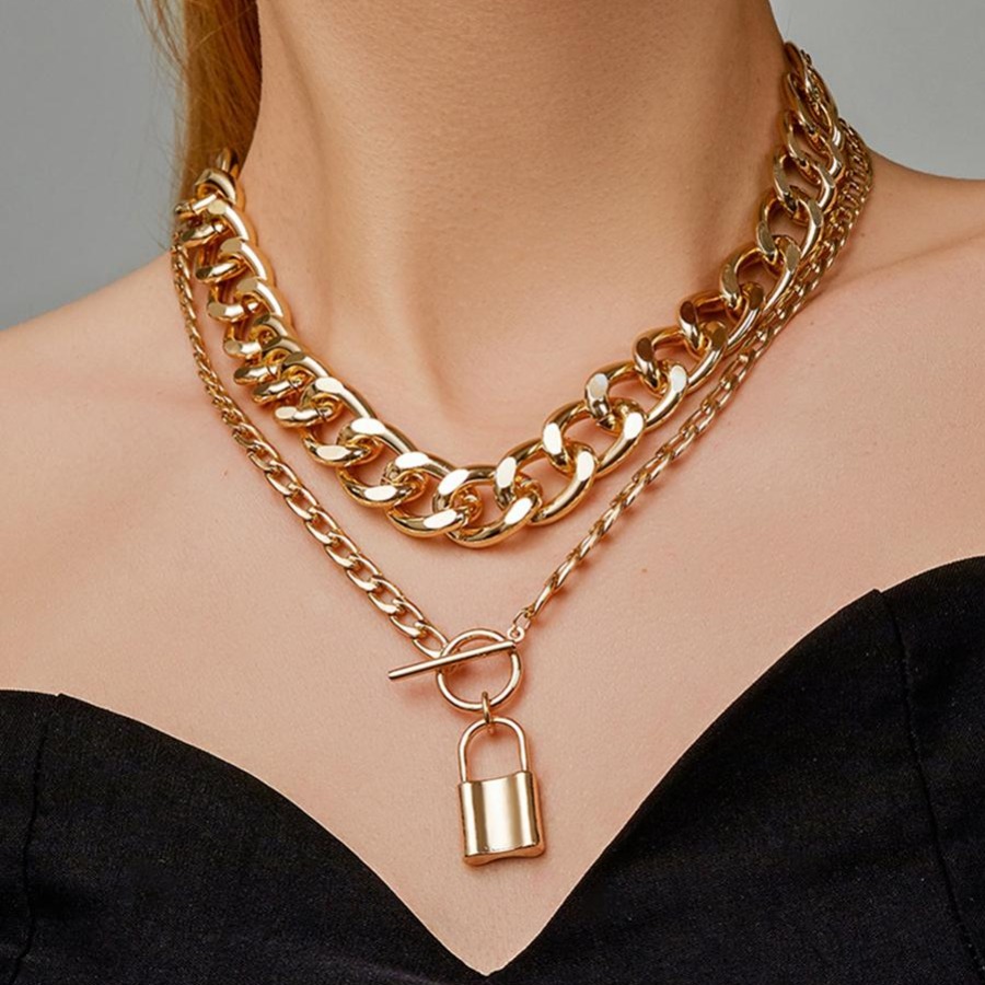 

LW Padlock Chain Double Layer Necklace, Gold