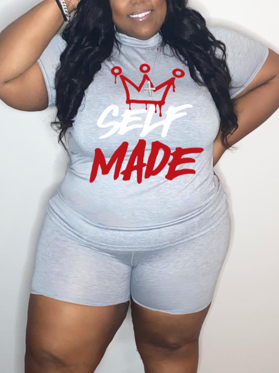 

LW Plus Size Crown Self Made Letter Print Shorts Set, Grey