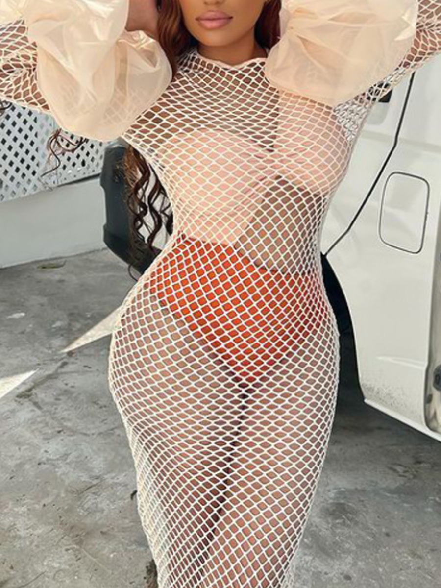 

LW Plus Size Mesh Fold Design Bodycon Dress, Beige