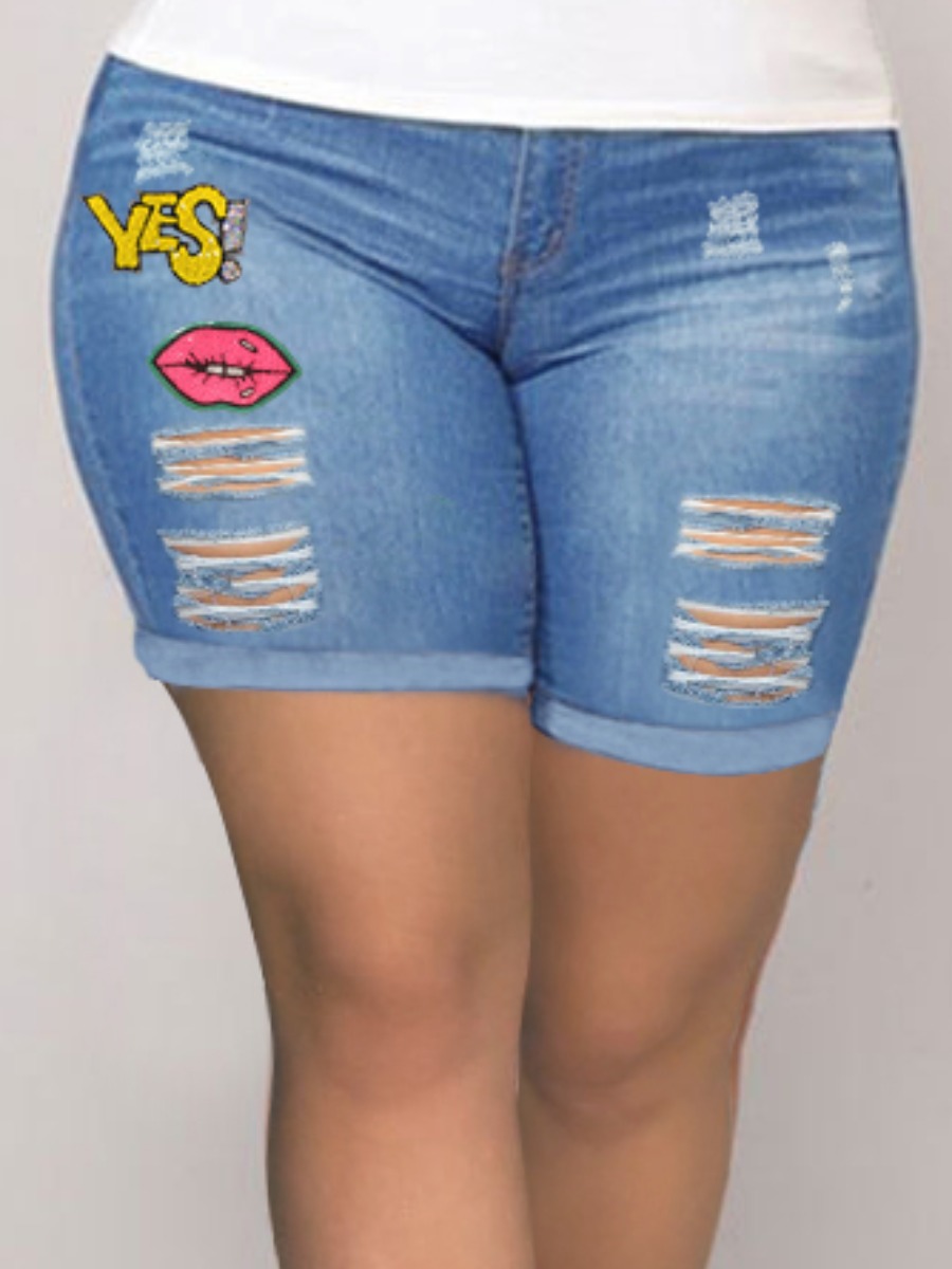 

LW Plus Size Sequin Lip Letter Ripped Denim Shorts, Royalblue