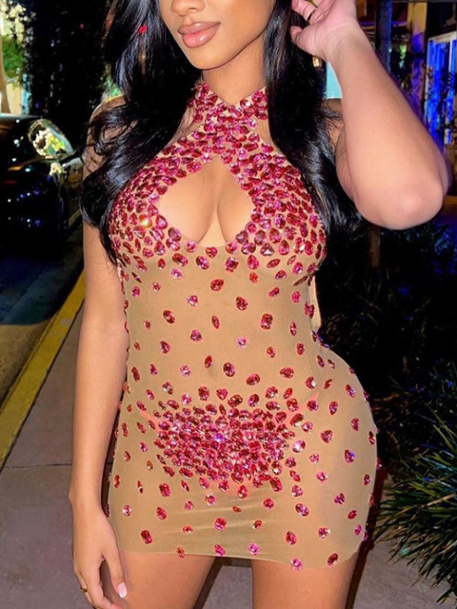 

LW SXY Rhinestone Decor Backless Bodycon Dress, Rose red