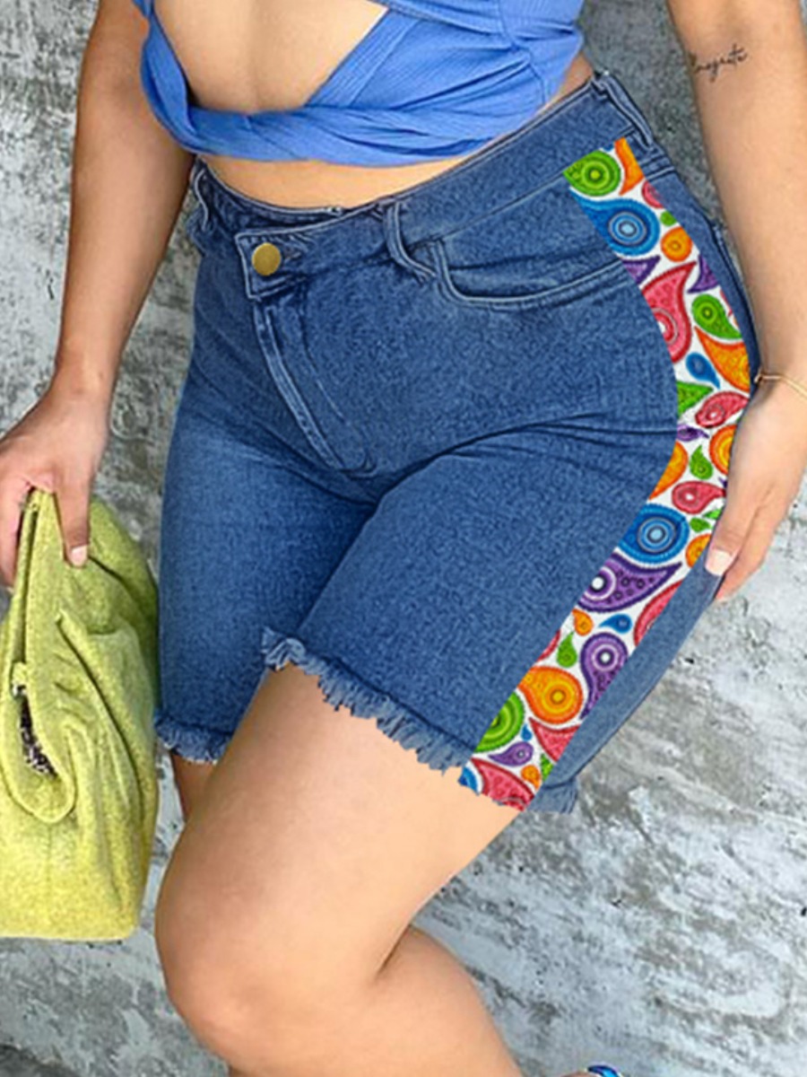 

LW Cashew Print Raw Edge Denim Shorts, Deep blue