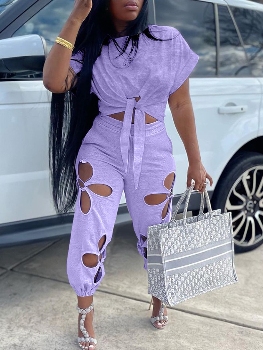 LovelyWholesale COTTON Cut Out Stretchy Pants Set Spring Short Sleeve Casual Round Neck Spring Summer 2024