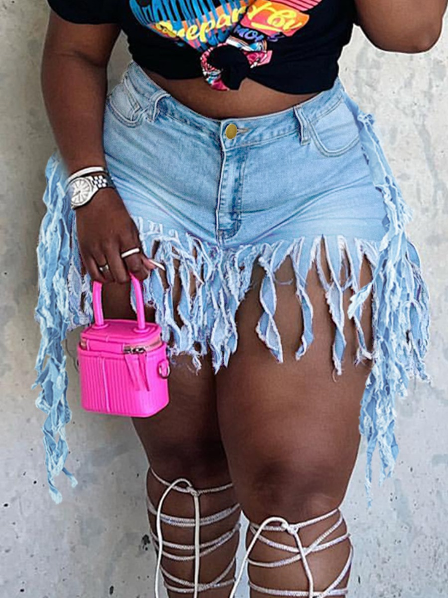 

LW High-waisted Tassel Design Denim Shorts, Baby blue