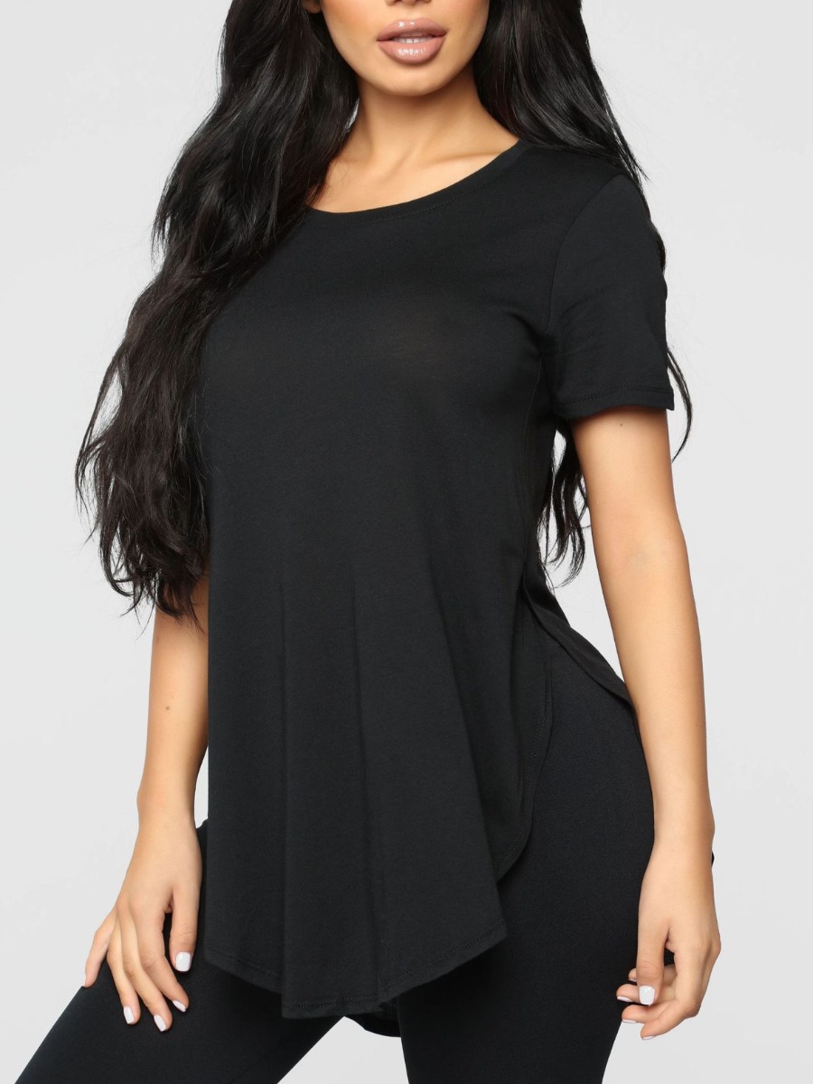 

LW Plus Size Round Neck Split T-shirt, Black