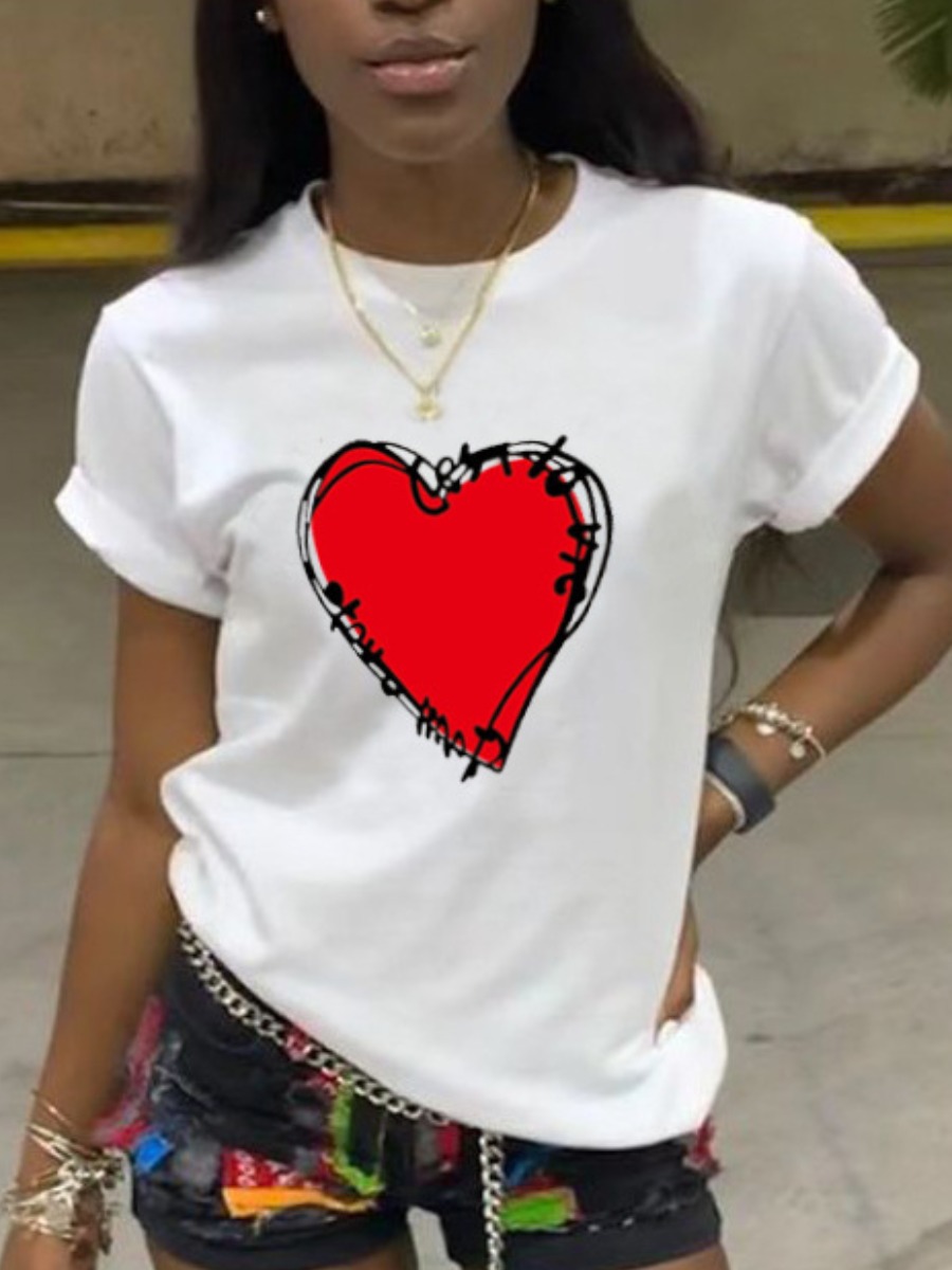 

LW Round Neck Heart Print T-shirt, White