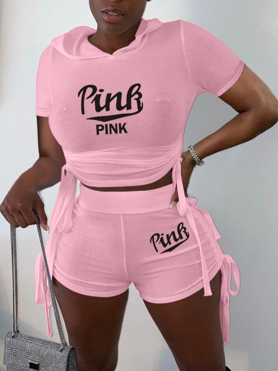 LW Cotton-Feel Pink Letter Print Drawstring Shorts