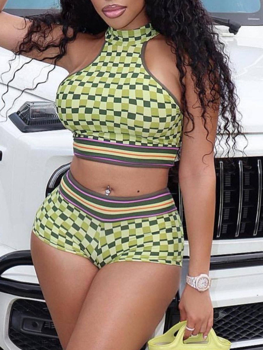 

LW COTTON Plaid Print Striped Shorts Set, Green