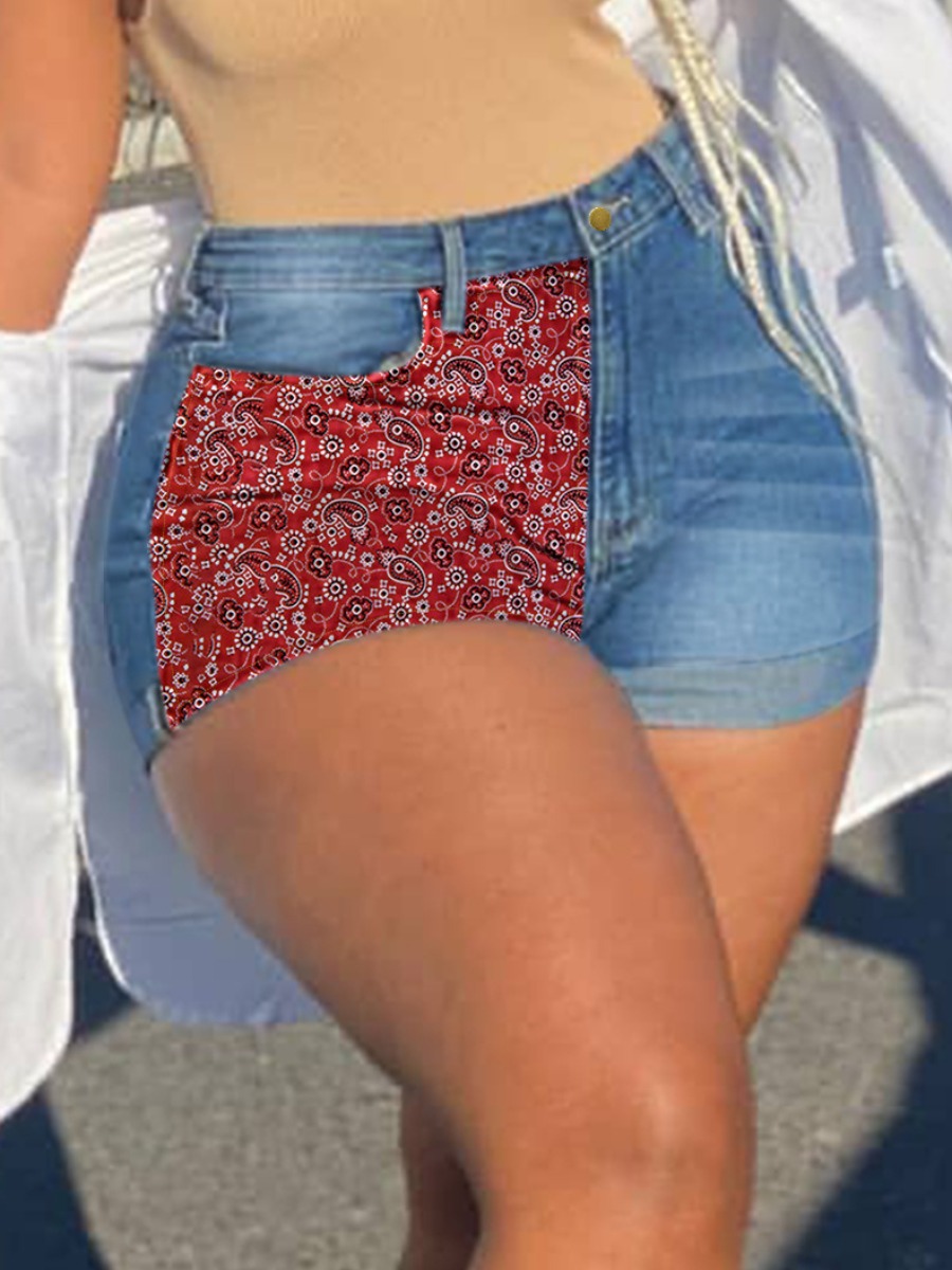 

LW Plus Size Cashew Print High Stretchy Denim Shorts, Royalblue