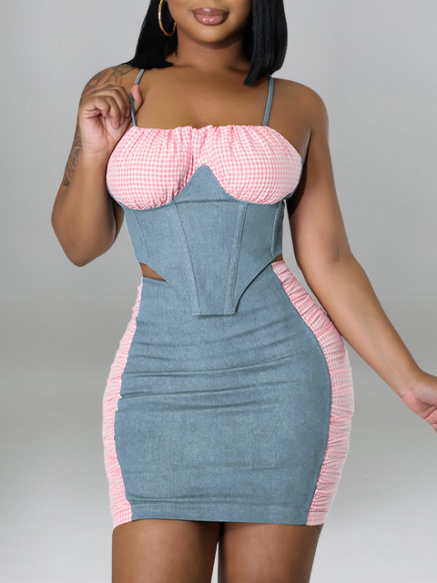 LW SXY Plaid Print Backless Denim Two-piece Skirt Set, Baby blue