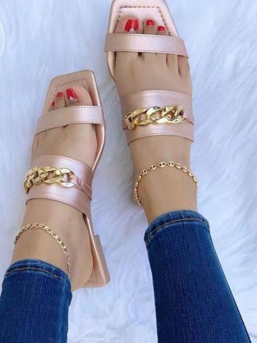 

LW Square Toe Chain Decor Slippers, Rose gold