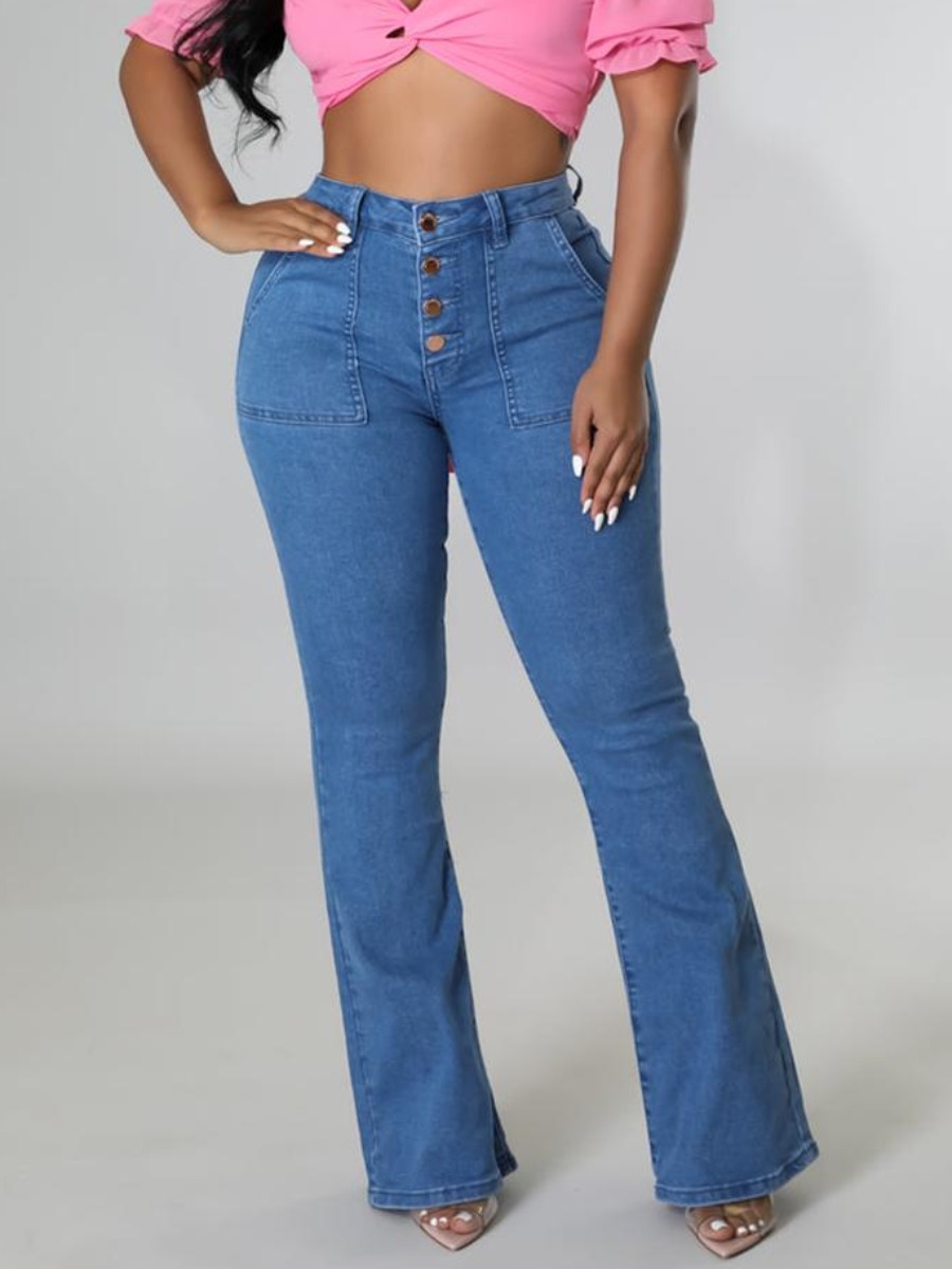 

LW Mid Waist Medium Stretchy Flared Jeans, Deep blue