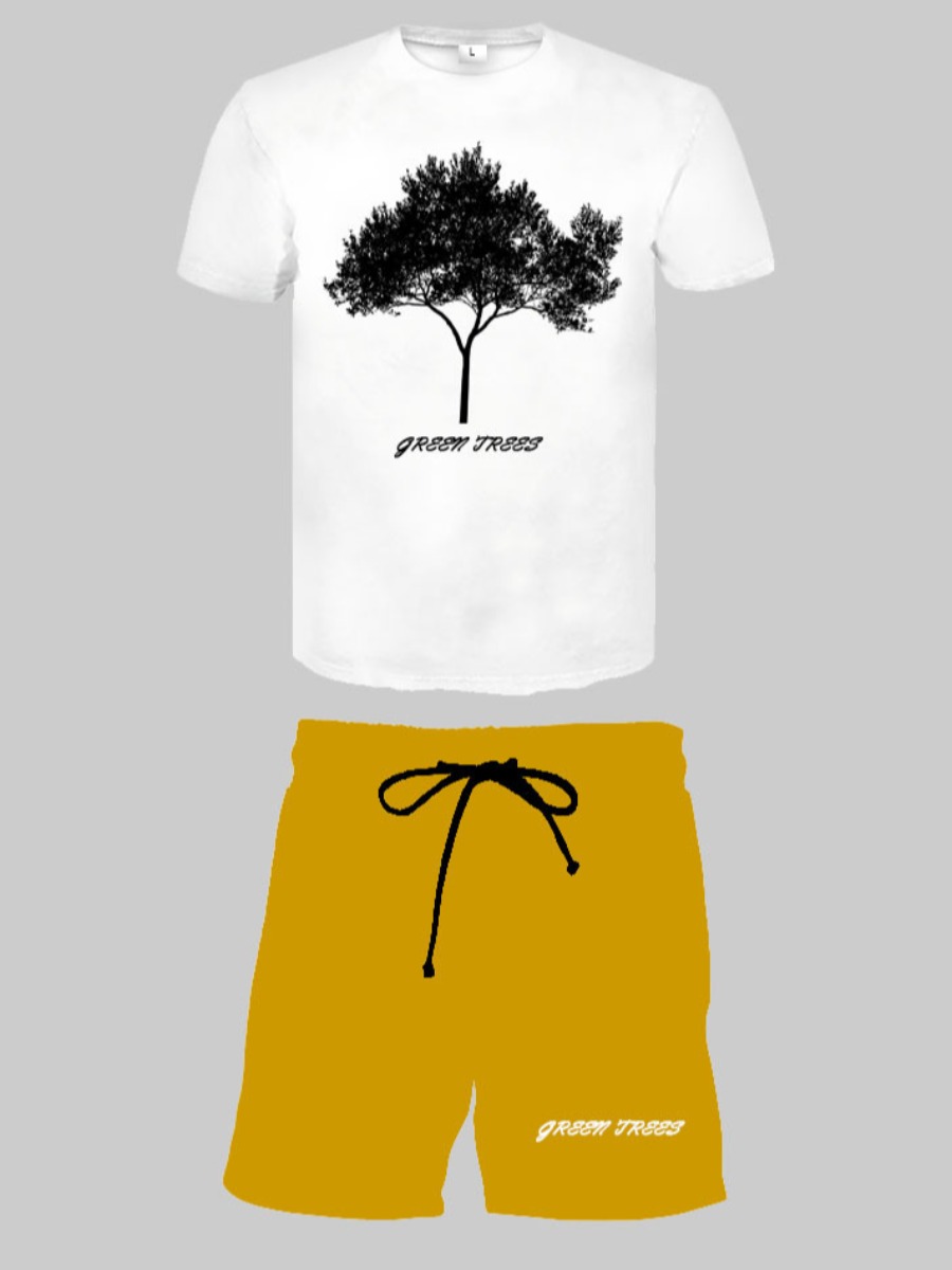 

LW Men Tree Letter Print Drawstring Shorts Set, White