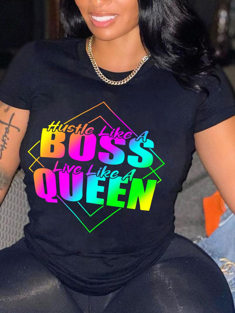 LovelyWholesale Plus Size Gradient Queen Rainbow Letter Print T-shirt Summer Short Sleeve Casual Queen Round Neck  5X Spring Summer 2024