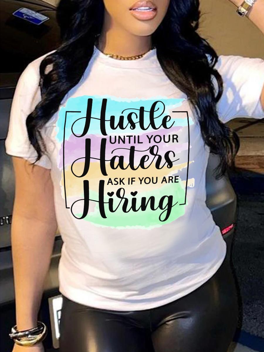 LovelyWholesale Plus Size Hustle Letter Print T-shirt Summer Short Sleeve Casual Round Neck  5X Spring Summer 2024