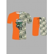 LW Men Money Letter Print Patchwork Shorts Set