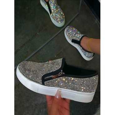 

LW Street Sequined Zipper Design Black Platform Flats