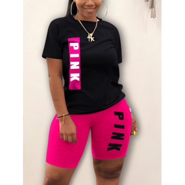 

LW COTTON Plus Size Pink Letter Print Shorts Set, Black