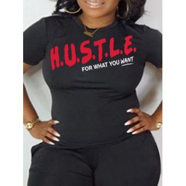 

LW Plus Size Hustle Letter Print T-shirt, Black