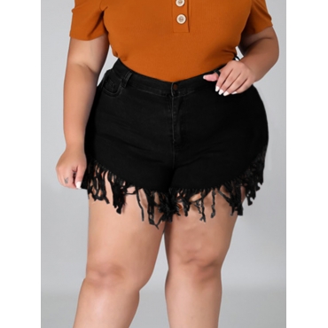 

LW Plus Size Tassel Design High Stretchy Denim Shorts, Black